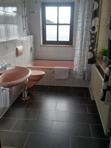 a bathroom with a tub and a sink and a bath tub at Gästehaus Am Sonnenhang in Erbendorf