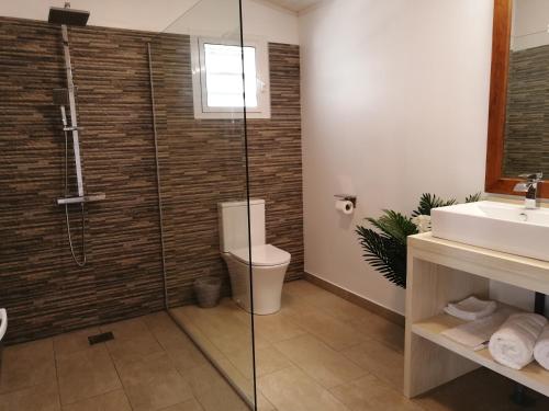 a bathroom with a shower and a toilet and a sink at NIAOULI LODGE in Bourail