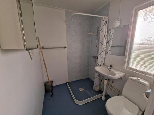 a bathroom with a white toilet and a sink at Burträsk Camping och Stugby in Burträsk