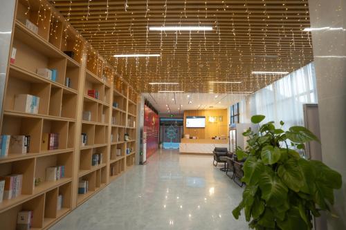 una biblioteca con estanterías de madera y una maceta en ARK HOTEL, en Phnom Penh
