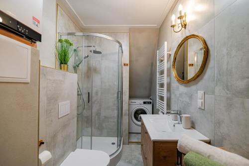 La salle de bains est pourvue d'une douche, de toilettes et d'un lavabo. dans l'établissement Villa Sophia, à Biskupiec