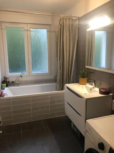 une salle de bain avec une baignoire et un lavabo et une baignoire dans l'établissement Dunkerque Malo Centre - 1km mer et plage, à Dunkerque