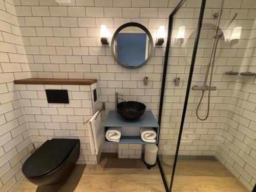 een badkamer met een wastafel, een toilet en een spiegel bij Bed and Breakfast ChickpointCharlie in Haaksbergen
