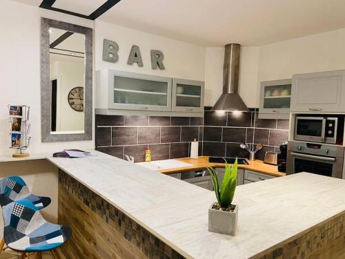 una cucina con bancone e bar con una pianta in vaso di Appartement Collioure centre & GARAGE PRIVATIF a Collioure