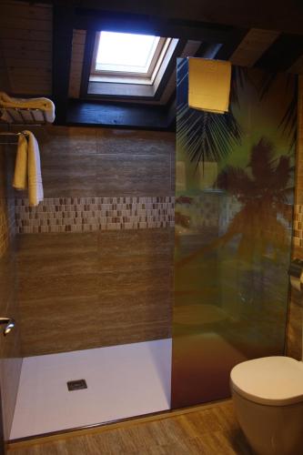 a bathroom with a shower with a toilet and a window at Hotel Rural El Reundu in Campomanes