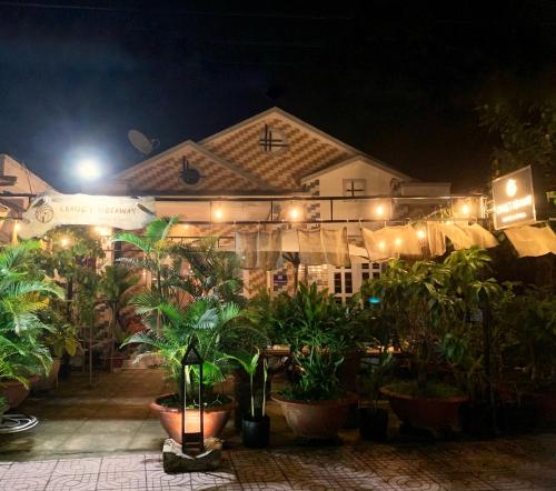 Ein Gebäude mit einem Haufen Topfpflanzen in der Nacht. in der Unterkunft Chang's Hideaway homestay ConDao in Con Dao