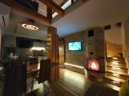 ein Wohnzimmer mit einem Kamin und einem TV in der Unterkunft Vineyard cottage Matej in Trebnje