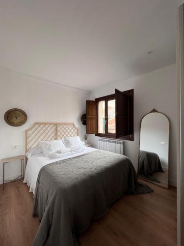 a bedroom with a large bed and a mirror at Numancia Suites in Soria