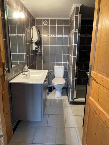 La salle de bains est pourvue d'un lavabo et de toilettes. dans l'établissement L'Ermitage St. Roch, à Salins-les-Bains