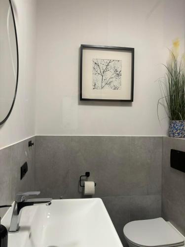 a bathroom with a toilet and a picture on the wall at Apartament Black in Pasłęk