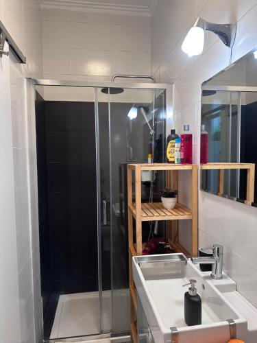 y baño con ducha y lavamanos. en Apartamento Lisboa, en Lisboa