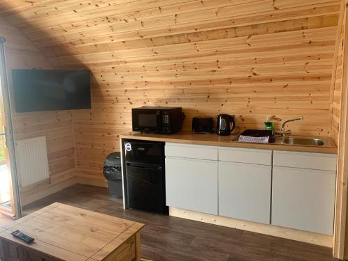 a kitchen with a counter with a sink and a microwave at Pond View Pod 2 with Private Hot Tub -Pet Friendly- Fife - Loch Leven - Lomond Hills in Kelty