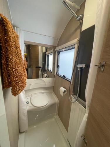 a small bathroom with a toilet and a shower at loond° Caravan Glamping 