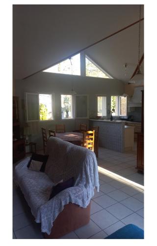 un salon avec un canapé et une cuisine avec des fenêtres dans l'établissement Les Jardins du castel gites Annick et Jean paul, à Saint-Georges-dʼEspéranche