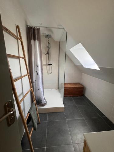 a bathroom with a shower with a shower curtain at Maison de Yec'hed mat, authentique et charmante. in Pommerit-Jaudy