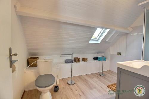 une salle de bain avec toilettes et lavabo dans l'établissement La maison de tredrez, à Kerouguel
