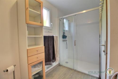 La salle de bains est pourvue d'une douche et d'une commode en bois. dans l'établissement Denise et jean, à Bas Kerhain