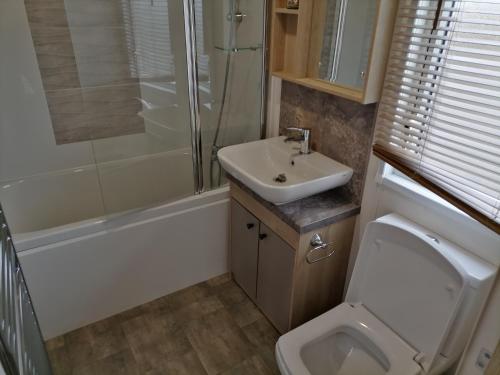 a bathroom with a toilet and a sink and a shower at Alberta Holiday Park in Seasalter