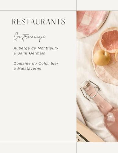 a flyer for a restaurant with a picture of food at Villa Ohna - Gîte Romantique avec Spa Privé in Vals-les-Bains
