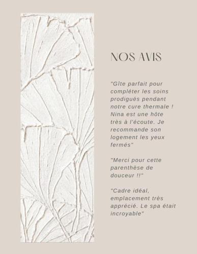 a menu for a restaurant with a leaf pattern at Villa Ohna - Gîte Romantique avec Spa Privé in Vals-les-Bains