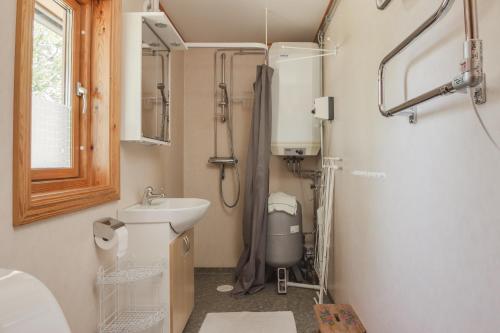 a small bathroom with a sink and a shower at Stuga i Funäsdalen in Funäsdalen