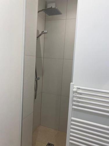 une douche avec une porte vitrée dans une salle de bain dans l'établissement Cozy modern studio, à Paris