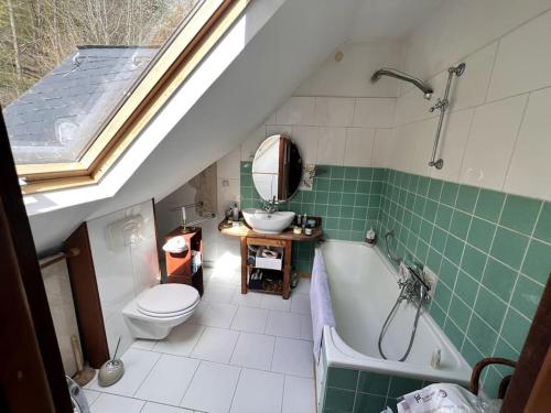 a bathroom with a sink and a tub and a toilet at Schönes Forsthaus mitten in der Natur in Eltville