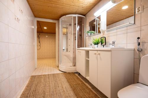 a bathroom with a shower and a sink and a toilet at Hotel Tahko in Tahkovuori