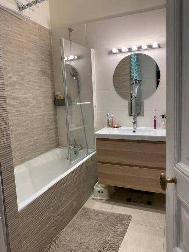 une salle de bain avec une baignoire, un lavabo et une douche dans l'établissement Paris, grand appartement familial, porte Maillot, à Neuilly-sur-Seine