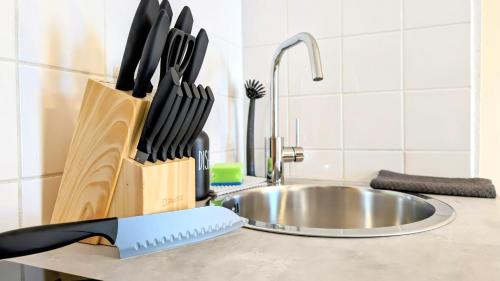 eine Küchentheke mit einem Messerblock neben einer Spüle in der Unterkunft ANDRISS - Study & Work Apartments - WIFI - Kitchen in Kaiserslautern