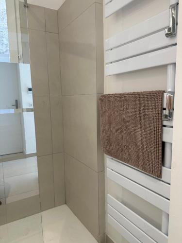 La salle de bains est pourvue d'une douche avec une porte en verre. dans l'établissement HELLO 2 pièces “rénové et climatisé “ Vieil Antibes, à Antibes
