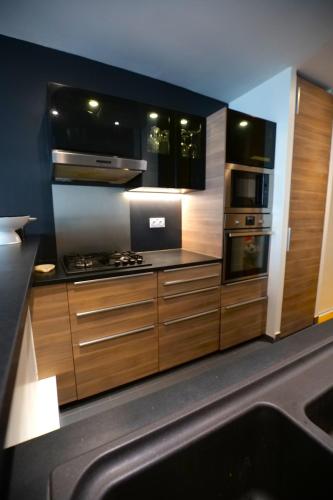 une cuisine avec des armoires en bois et un four à plaques de cuisson dans l'établissement Beautiful parisian loft style in the heart of Paris, à Paris