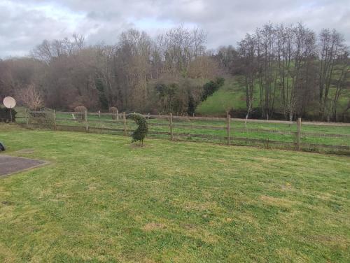 een hond in een veld bij een hek bij La cour du manoir in Heuland