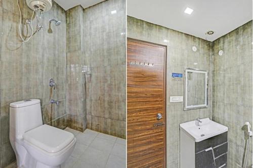 two pictures of a bathroom with a toilet and a shower at Hotel Woods View - Mall Road in Mussoorie