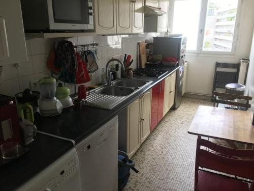 une cuisine avec un évier et une cuisinière dans l'établissement 2 bedroom apartment with balcony / park Buttes Chaumont /Jourdain, à Paris