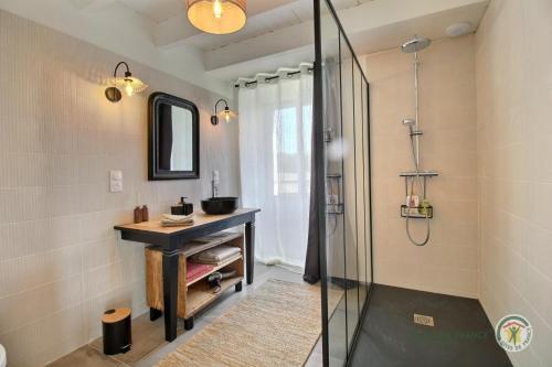 a bathroom with a shower with a sink and a mirror at Les pommettes in Plouër-sur-Rance