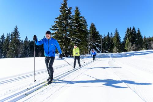 a group of people cross country skiing in the snow at Höhengasthaus Kolmenhof an der Donauquelle in Furtwangen