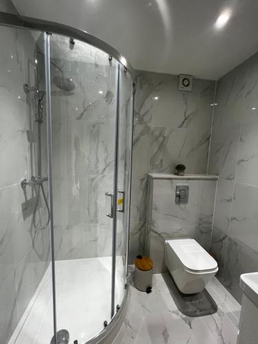 a white bathroom with a shower and a toilet at Dralda House in Buckinghamshire