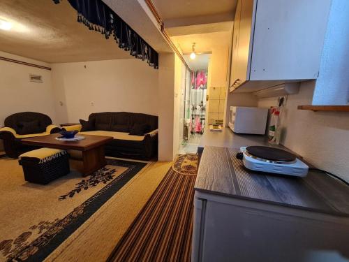 uma cozinha e sala de estar com um sofá e uma mesa em Apartments Mountain Joy em Travnik