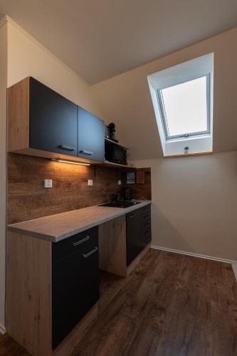 a kitchen with a counter top and a window at PALAVIA Apartments in Pavlov