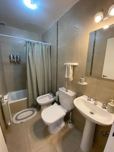 a bathroom with a white toilet and a sink at Departamento espacioso en Salta in Salta