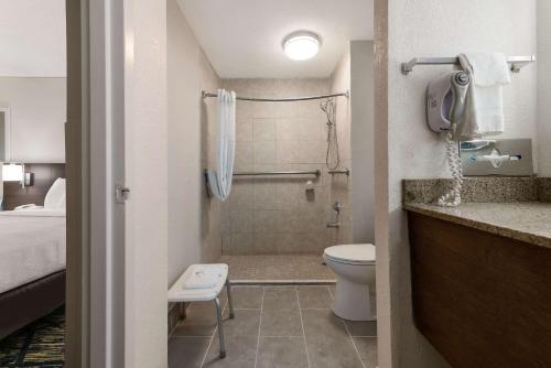 a bathroom with a shower and a toilet and a bed at Quality Inn Orange Park Jacksonville in Jacksonville