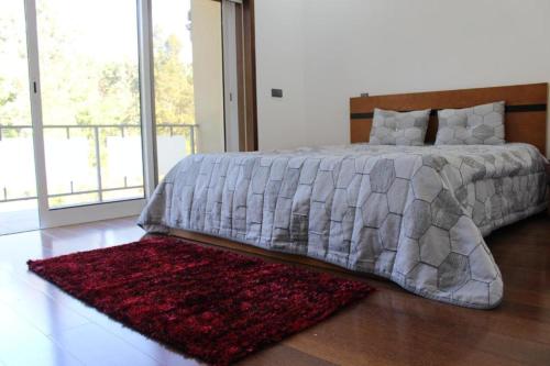 a bedroom with a large bed with a red rug at Casa da Barragem in Marco de Canavezes