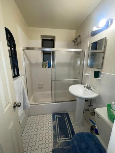 a bathroom with a shower and a sink at Comfy apartment in Hollis