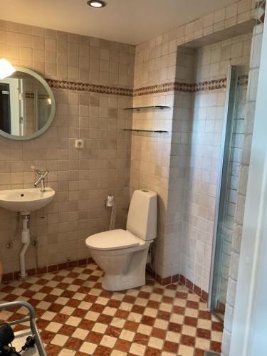 y baño con aseo y lavamanos. en Exklusive rental of the Entire Spacious Ground Floor, en Sollentuna