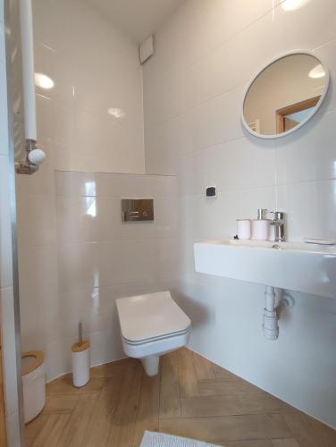 a white bathroom with a toilet and a sink at Willa Matus II in Gliczarów Górny