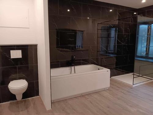 a bathroom with a toilet and a bath tub at Gîte des Sagards in Saint-Michel-sur-Meurthe