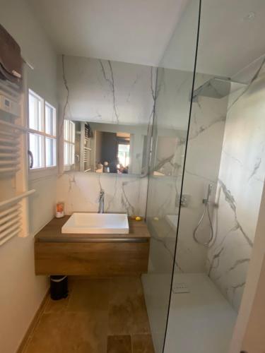 une salle de bain avec un lavabo et un miroir dans l'établissement magnifique villa à 50 m de la plage, à La Couarde-sur-Mer