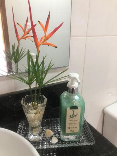 a bottle of soap on a bathroom counter with a plant at Conchas e Corais Suítes in Marau