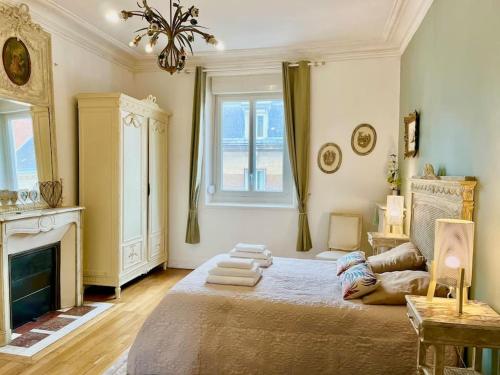 a bedroom with a large bed and a fireplace at L’Hôtel Particulier des Anges in Reims
